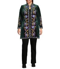 Calessa Plus Size Velvet Floral Embroidered Stand Collar Long Sleeve Jacket