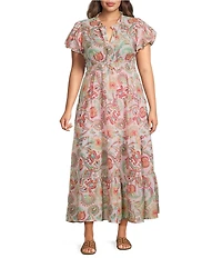Calessa Plus Size Vine Floral Split V-Neck Elbow Puff Sleeve Tiered A-Line Midi Dress