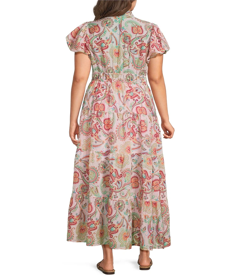 Calessa Plus Size Vine Floral Split V-Neck Elbow Puff Sleeve Tiered A-Line Midi Dress