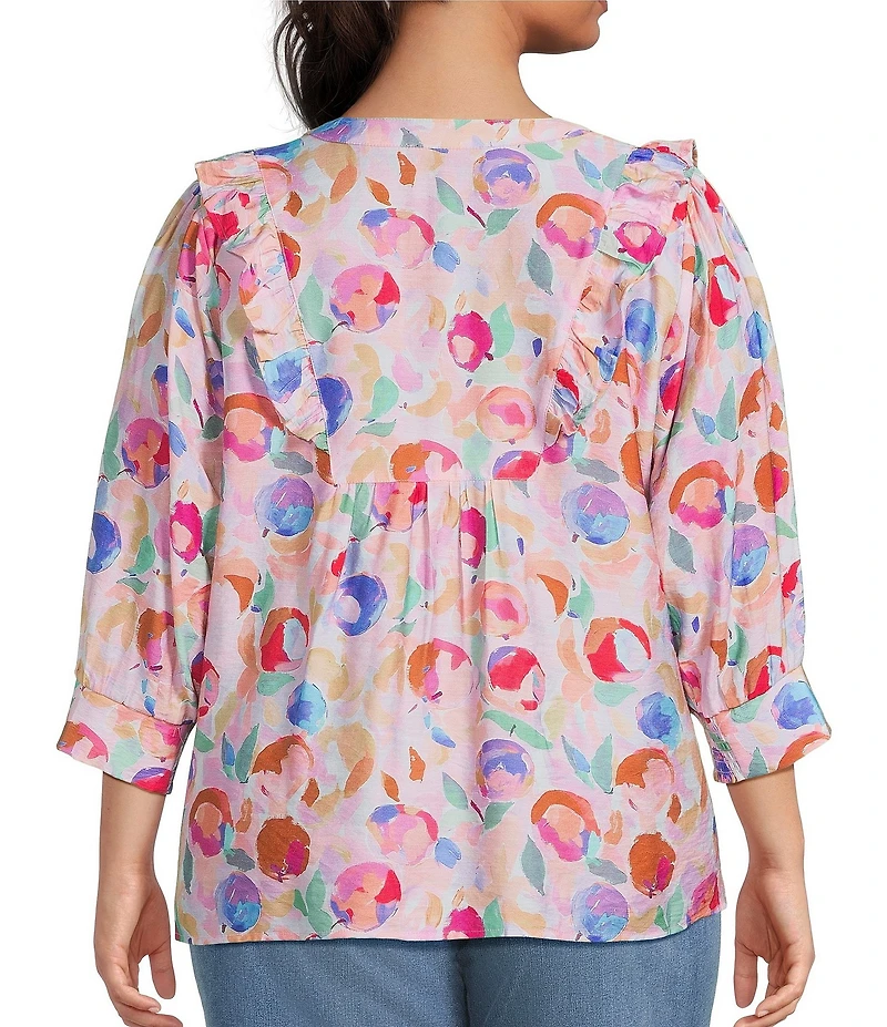 Calessa Plus Size Woven Abstract Floral Split V-Neck 3/4 Sleeve Tunic