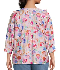 Calessa Plus Size Woven Abstract Floral Split V-Neck 3/4 Sleeve Tunic