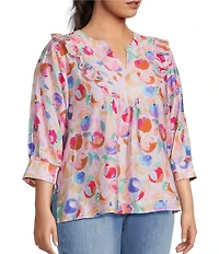 Calessa Plus Size Woven Abstract Floral Split V-Neck 3/4 Sleeve Tunic