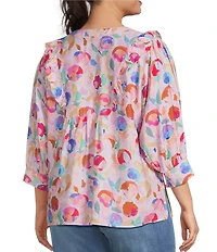Calessa Plus Size Woven Abstract Floral Split V-Neck 3/4 Sleeve Tunic