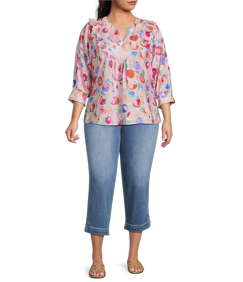 Calessa Plus Size Woven Abstract Floral Split V-Neck 3/4 Sleeve Tunic