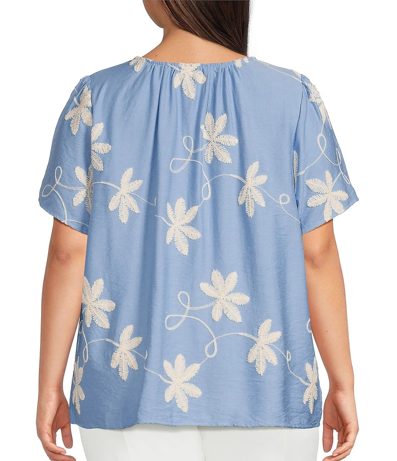 Calessa Plus Size Woven All Over Embroidered Split V-Neck Short Sleeve Tunic