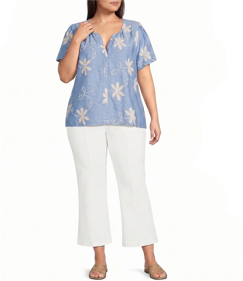 Calessa Plus Size Woven All Over Embroidered Split V-Neck Short Sleeve Tunic