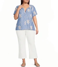 Calessa Plus Size Woven All Over Embroidered Split V-Neck Short Sleeve Tunic