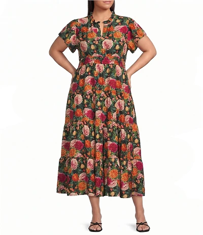Calessa Plus Size Woven Antique Garden Floral Split V-Neck Short Sleeve A-Line Midi Dress