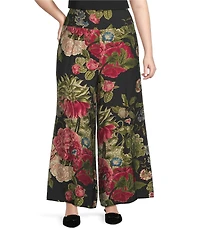 Calessa Plus Size Woven Autumn Garden Print Coordinating Wide Leg Pull-On Pants