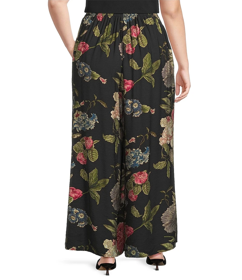 Calessa Plus Size Woven Autumn Garden Print Coordinating Wide Leg Pull-On Pants