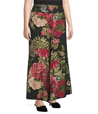 Calessa Plus Size Woven Autumn Garden Print Coordinating Wide Leg Pull-On Pants