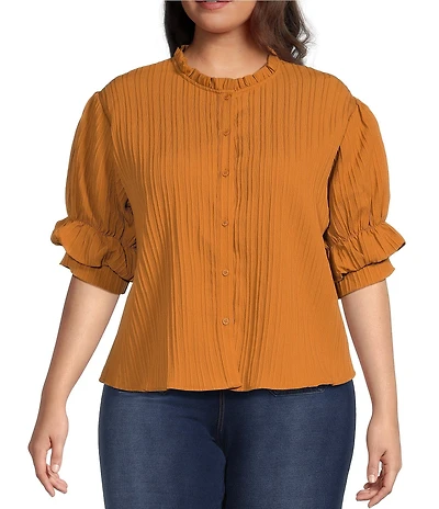 Calessa Plus Size Woven Band Collar Elbow Length Sleeve Button Front Shirt