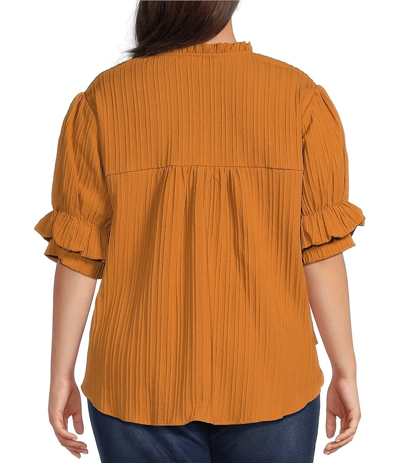 Calessa Plus Size Woven Band Collar Elbow Length Sleeve Button Front Shirt