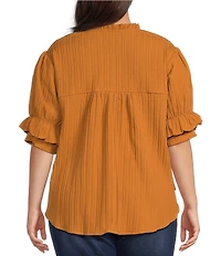 Calessa Plus Size Woven Band Collar Elbow Length Sleeve Button Front Shirt