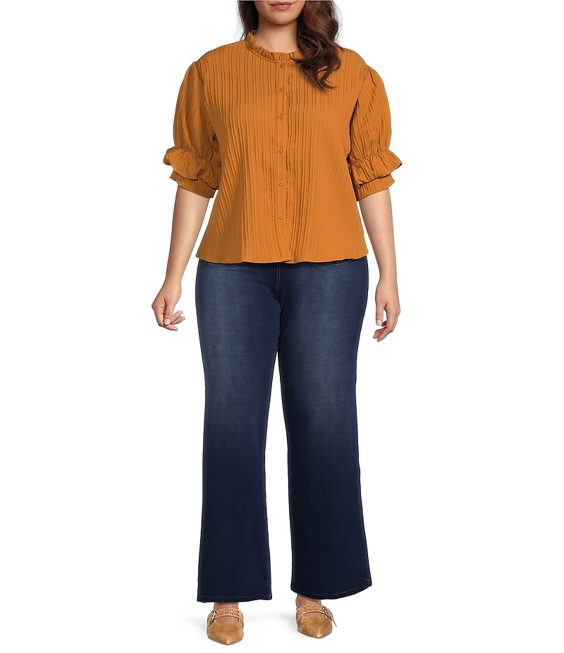 Calessa Plus Size Woven Band Collar Elbow Length Sleeve Button Front Shirt