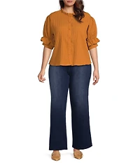 Calessa Plus Size Woven Band Collar Elbow Length Sleeve Button Front Shirt