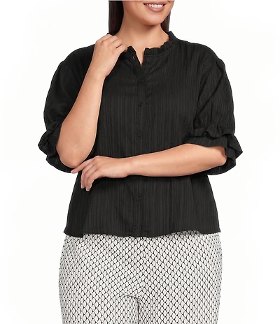 Calessa Plus Size Woven Band Collar Elbow Length Sleeve Button Front Shirt