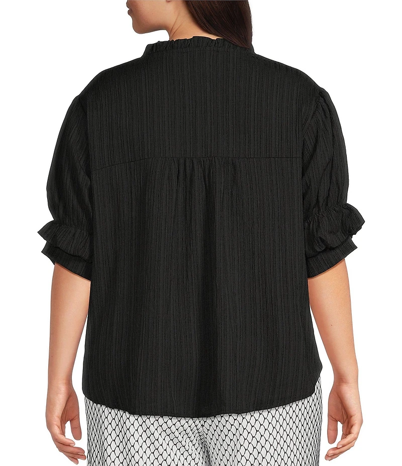 Calessa Plus Size Woven Band Ruffle Collar Elbow Ruffle Sleeve Button Front Shirt