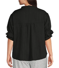 Calessa Plus Size Woven Band Ruffle Collar Elbow Ruffle Sleeve Button Front Shirt