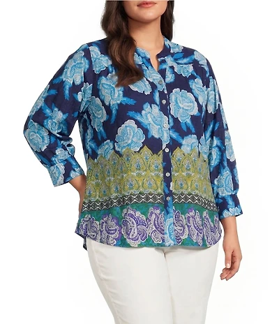 Calessa Plus Size Woven Border Foulard Split Tie Neck 3/4 Sleeve Button Front Tunic