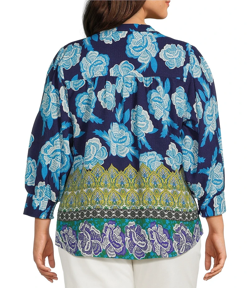 Calessa Plus Size Woven Border Foulard Split Tie Neck 3/4 Sleeve Button Front Tunic
