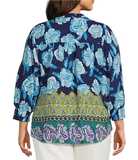 Calessa Plus Size Woven Border Foulard Split Tie Neck 3/4 Sleeve Button Front Tunic