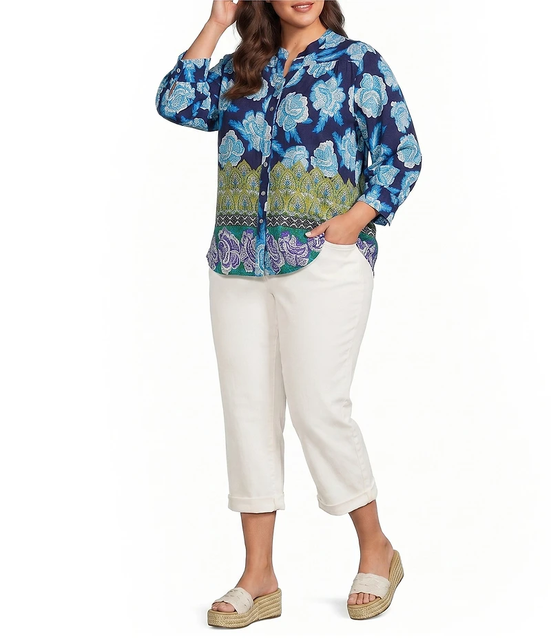 Calessa Plus Size Woven Border Foulard Split Tie Neck 3/4 Sleeve Button Front Tunic