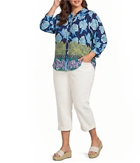 Calessa Plus Size Woven Border Foulard Split Tie Neck 3/4 Sleeve Button Front Tunic