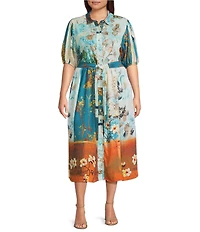 Calessa Plus Size Woven Border Leaf Print Point collar Elbow Sleeve Button-Front Midi Dress