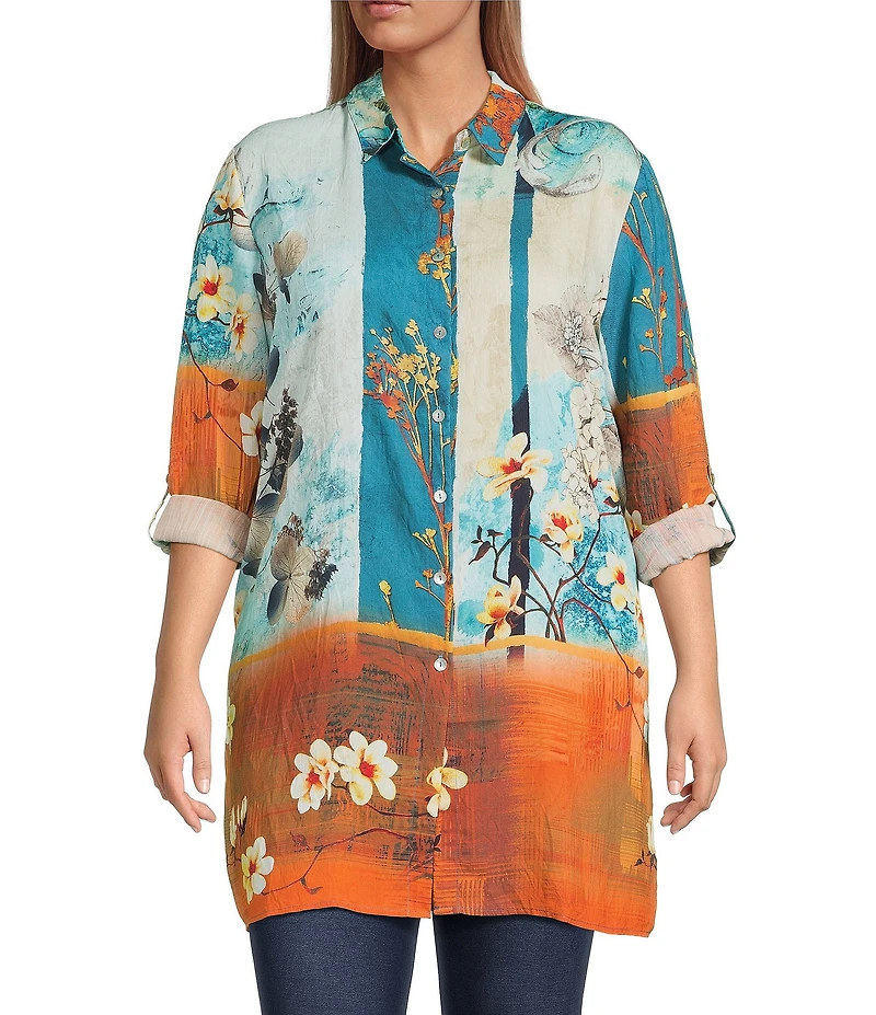 Calessa Plus Size Woven Border Leaves Print Point Collar Long Sleeve Button Front Duster Tunic