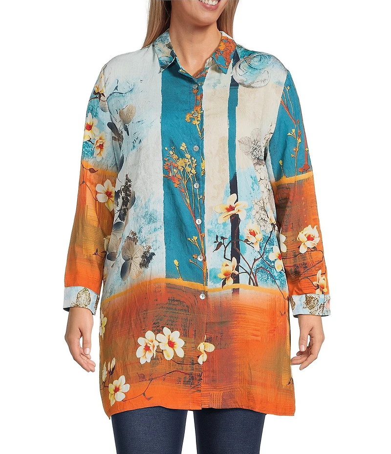 Calessa Plus Size Woven Border Leaves Print Point Collar Long Sleeve Button Front Duster Tunic