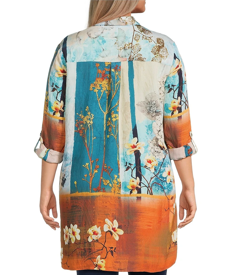 Calessa Plus Size Woven Border Leaves Print Point Collar Long Sleeve Button Front Duster Tunic