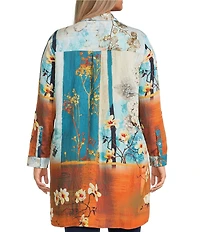 Calessa Plus Size Woven Border Leaves Print Point Collar Long Sleeve Button Front Duster Tunic