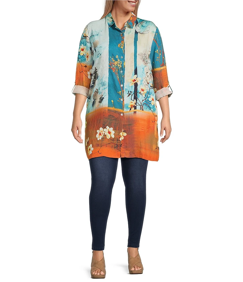 Calessa Plus Size Woven Border Leaves Print Point Collar Long Sleeve Button Front Duster Tunic