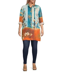 Calessa Plus Size Woven Border Leaves Print Point Collar Long Sleeve Button Front Duster Tunic