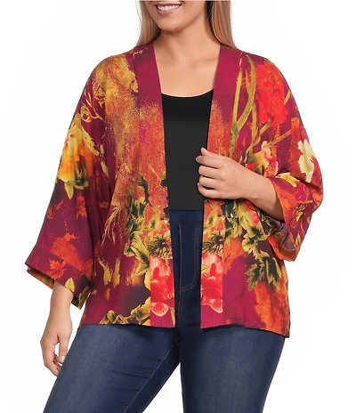 Calessa Plus Size Woven Digital Print Drape Collar Open-Front 3/4 Sleeve Kimono