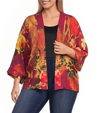 Calessa Plus Size Woven Digital Print Drape Collar Open-Front 3/4 Sleeve Kimono