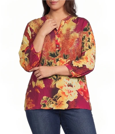 Calessa Plus Size Woven Digital Print V-Neck 3/4 Sleeve Tunic