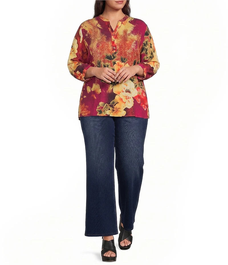 Calessa Plus Size Woven Digital Print V-Neck 3/4 Sleeve Tunic