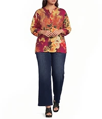 Calessa Plus Size Woven Digital Print V-Neck 3/4 Sleeve Tunic
