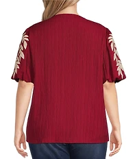 Calessa Plus Size Woven Embroider Leaf Split V-Neck Elbow Length Puff Sleeve Top