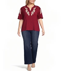 Calessa Plus Size Woven Embroider Leaf Split V-Neck Elbow Length Puff Sleeve Top