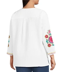 Calessa Plus Size Woven Embroidered Patchwork Print Round Split V-Neck Long Sleeve Tunic