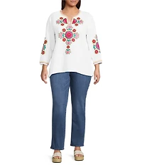 Calessa Plus Size Woven Embroidered Patchwork Print Round Split V-Neck Long Sleeve Tunic