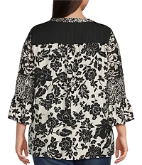 Calessa Plus Size Woven Embroidered Patchwork Round Split V-Neck 3/4 Sleeve Tunic