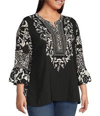 Calessa Plus Size Woven Embroidered Patchwork Round Split V-Neck 3/4 Sleeve Tunic