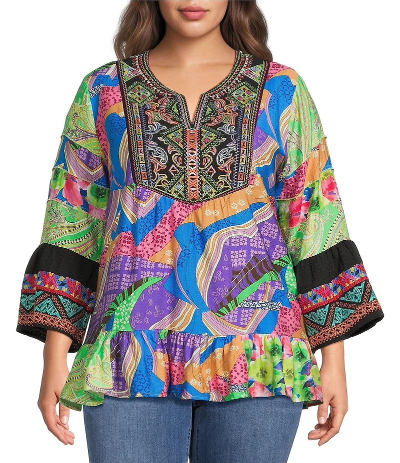 Calessa Plus Size Woven Embroidered Patchwork Split V-Neck 3/4 Bell Sleeve Tunic