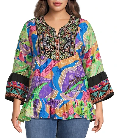 Calessa Plus Size Woven Embroidered Patchwork Split V-Neck 3/4 Bell Sleeve Tunic
