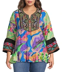 Calessa Plus Size Woven Embroidered Patchwork Split V-Neck 3/4 Bell Sleeve Tunic