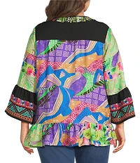 Calessa Plus Size Woven Embroidered Patchwork Split V-Neck 3/4 Bell Sleeve Tunic